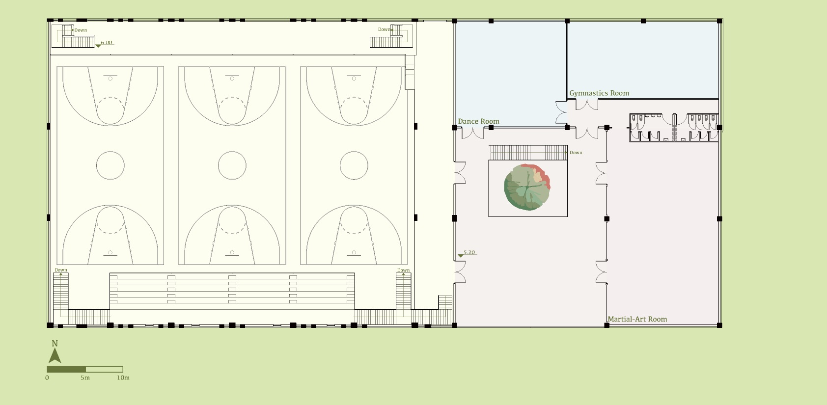 Second-floor plan showing dance, gymnastics, and martial-arts rooms around a tree terrace, alongside the sports hall