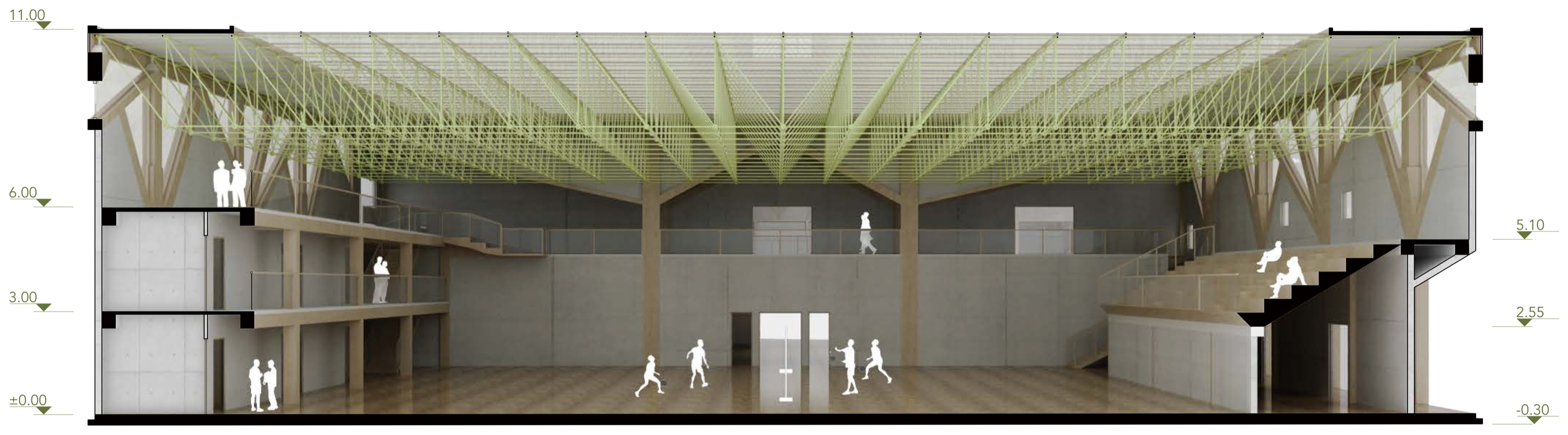 Section 1-1 through the sports hall showing the green roof truss, branching columns, perimeter galleries, and stepped seating