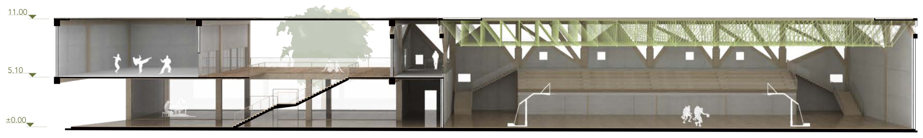 Section 2-2 through the activity wing, open tree terrace, stair, and main sports hall under a continuous roof line