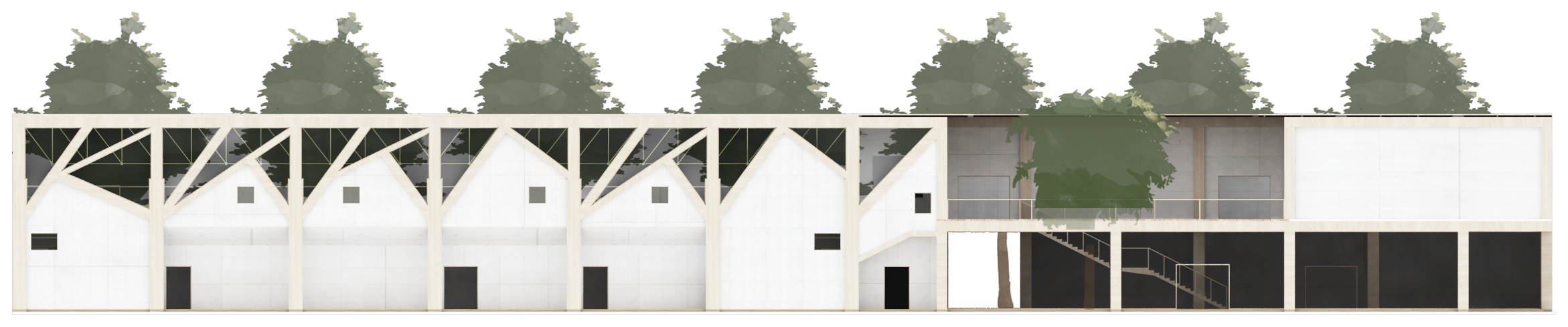 South elevation of the gymnasium showing branching columns, varied house-shaped openings, and the lower activity wing