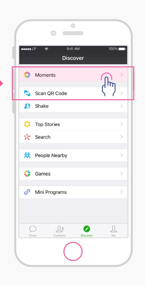 Original WeChat Discover mockup with a pink target highlight and a finger cue over the interaction area