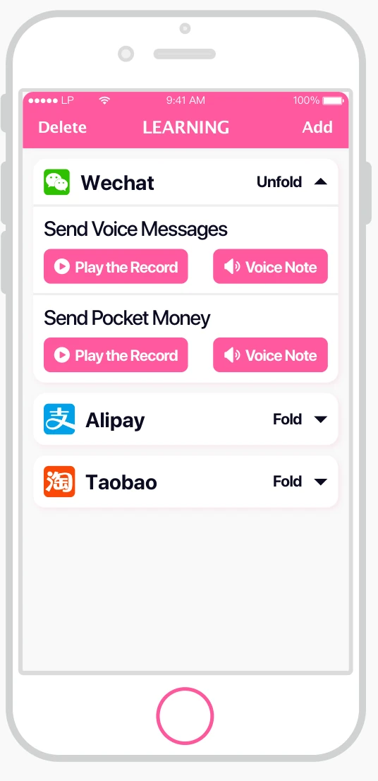 Original Learning phone mockup grouping saved actions under WeChat, Alipay and Taobao