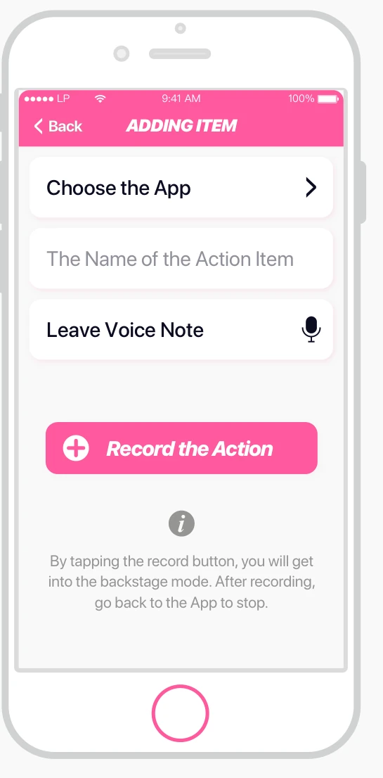 Original Record phone mockup with app selection, task name, voice note and record button