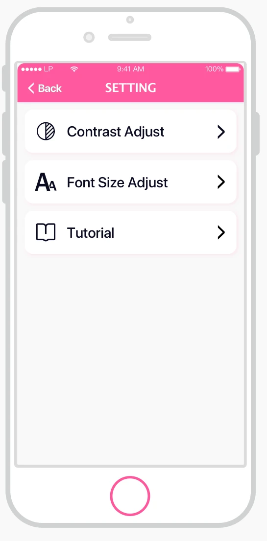 Original Setting phone mockup with contrast, font-size and tutorial controls