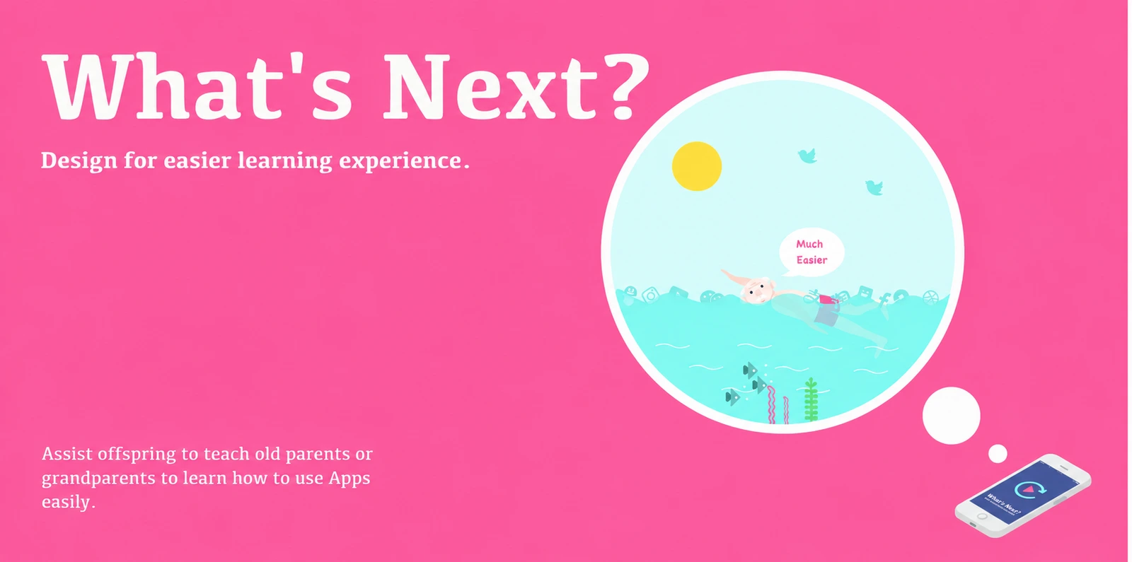 Pink What's Next? cover with left-aligned title and explanatory text, and an illustration of an older person navigating a digital environment