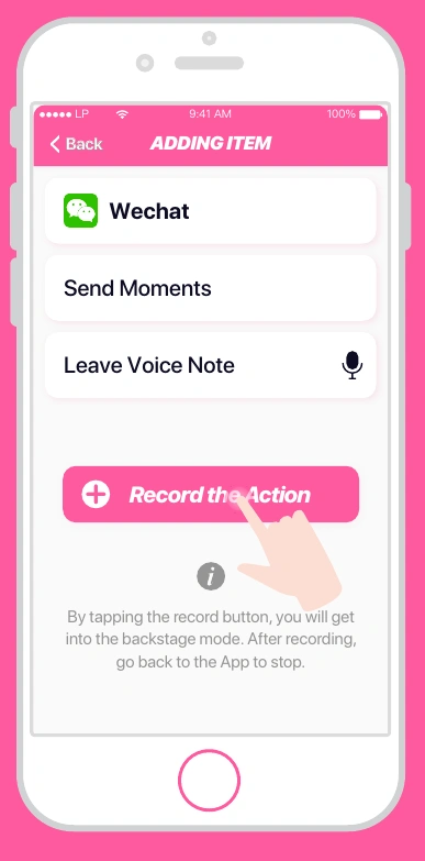 Record concept showing app selection, the named Send Moments action and a voice note field