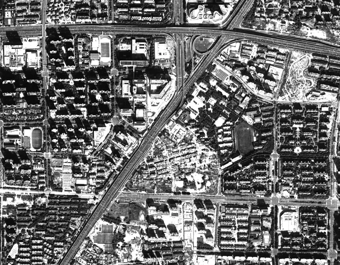 Google Earth aerial view of Yaogongmiao in 2024, showing the triangular urban village within central Hefei