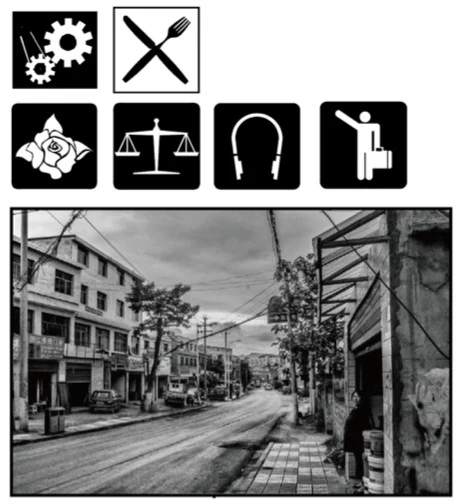 Black-and-white village street with the original function symbols above it