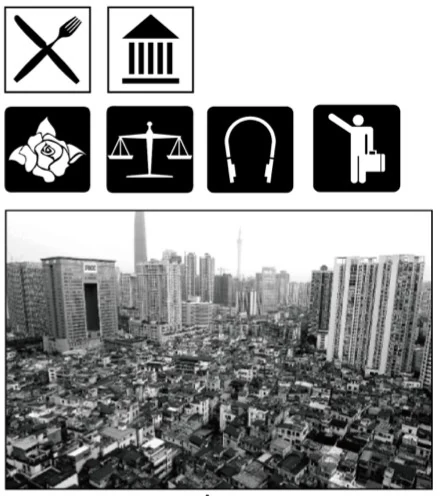 Low-rise village buildings set against high-rise urban development