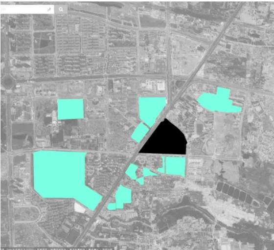 2017 map of brownfield sites around Yaogongmiao, with the village marked by a black triangle