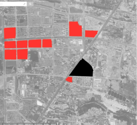2017 map of business districts around Yaogongmiao, with the village marked by a black triangle