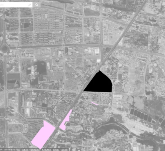 2017 map of commercial hubs around Yaogongmiao, with the village marked by a black triangle