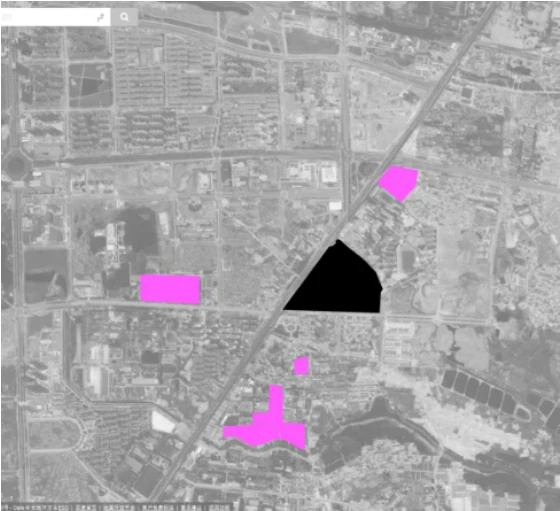 2017 map of manufacturing plants around Yaogongmiao, with the village marked by a black triangle