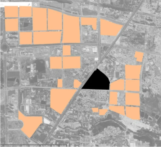 2017 map of new housing estates around Yaogongmiao, with the village marked by a black triangle