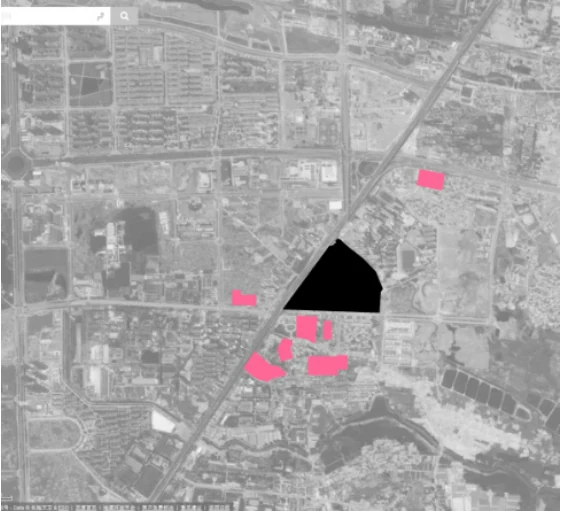 2017 map of vernacular housing clusters around Yaogongmiao, with the village marked by a black triangle