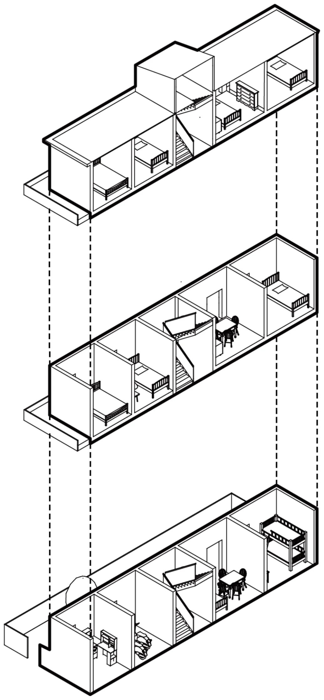 Exploded multi-floor axonometric of dwelling study 1, showing rooms, furniture and vertical alignment