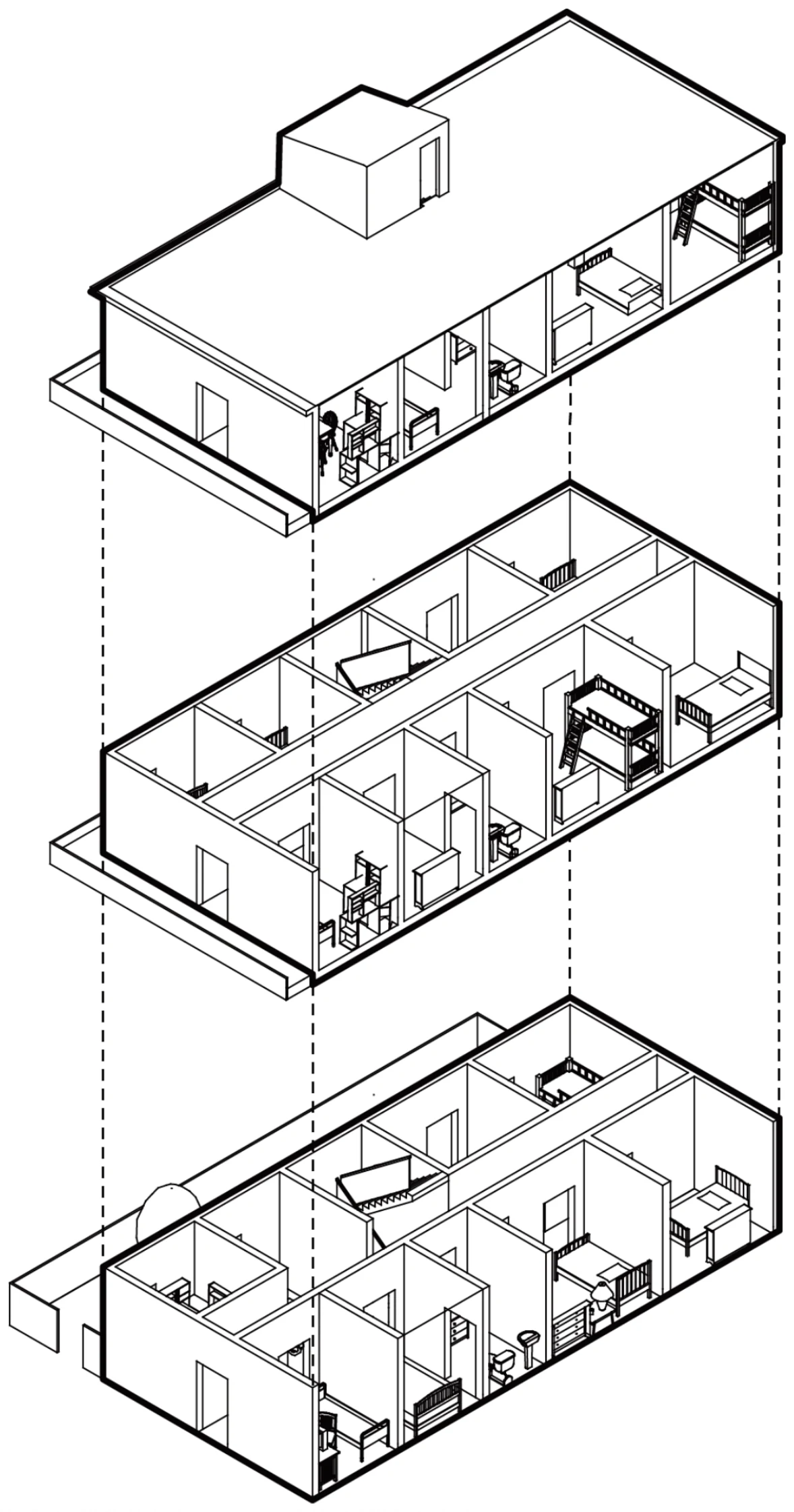 Exploded multi-floor axonometric of dwelling study 2, showing rooms, furniture and vertical alignment