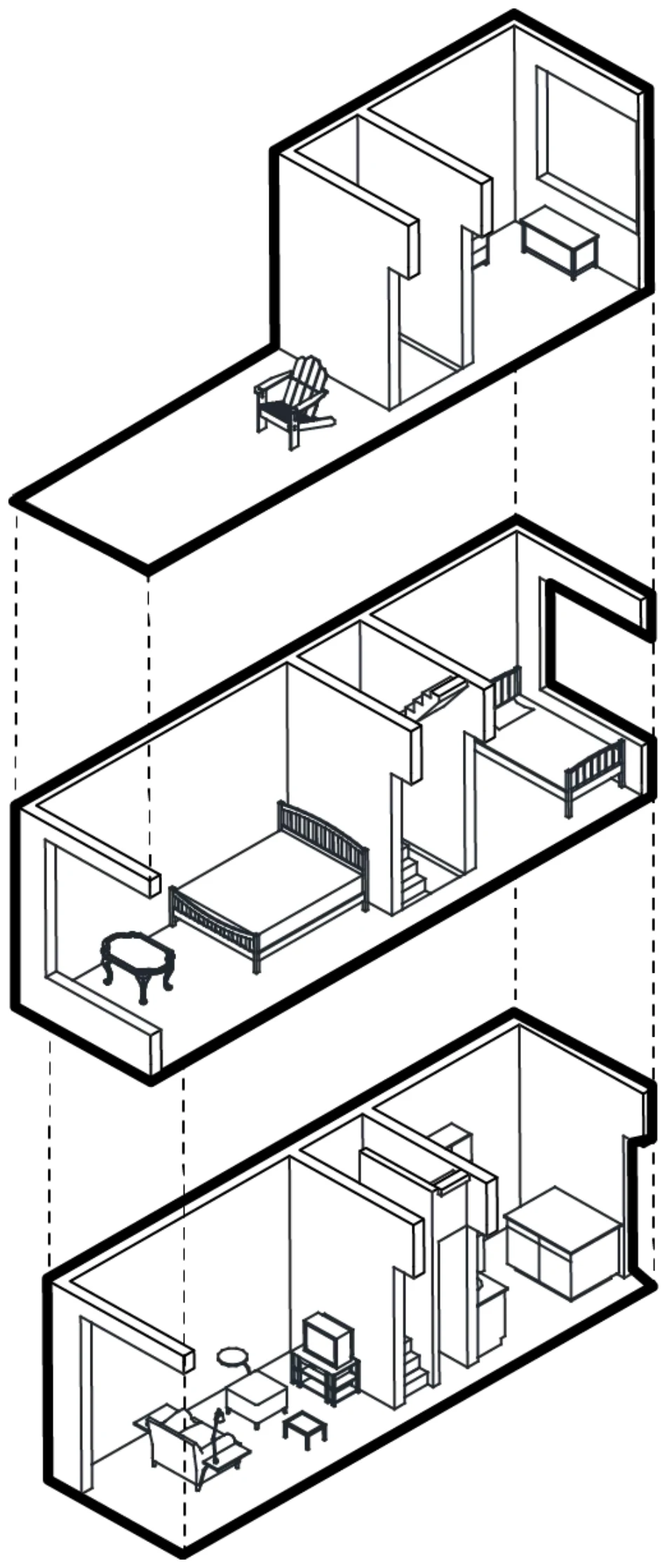 Exploded multi-floor axonometric of dwelling study 3, showing rooms, furniture and vertical alignment