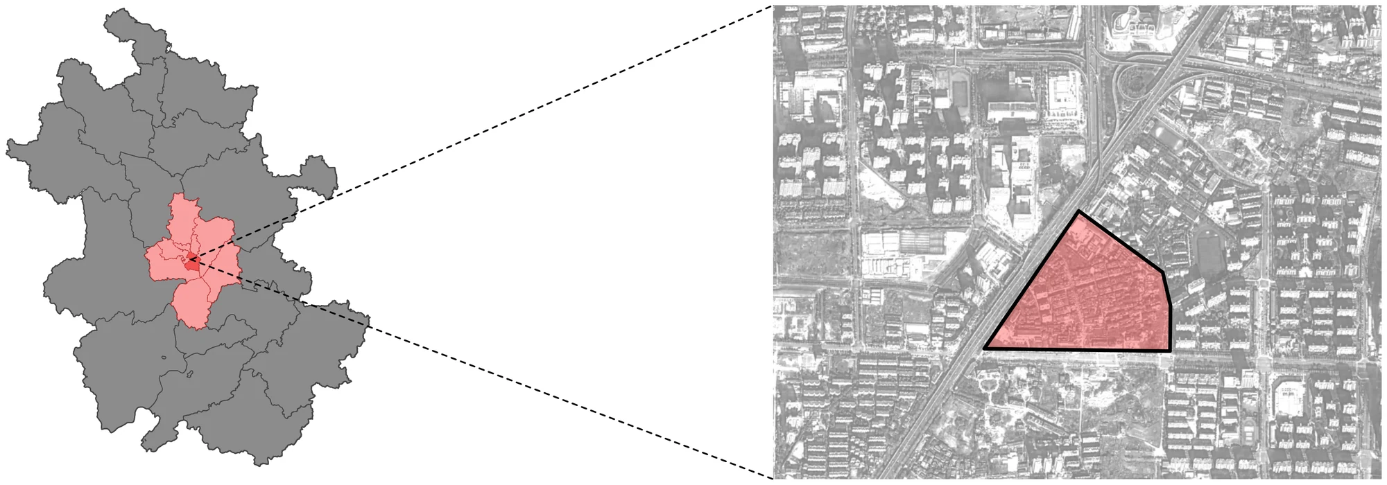 Location diagram moving from Anhui Province and Hefei to the outlined Yaogongmiao site