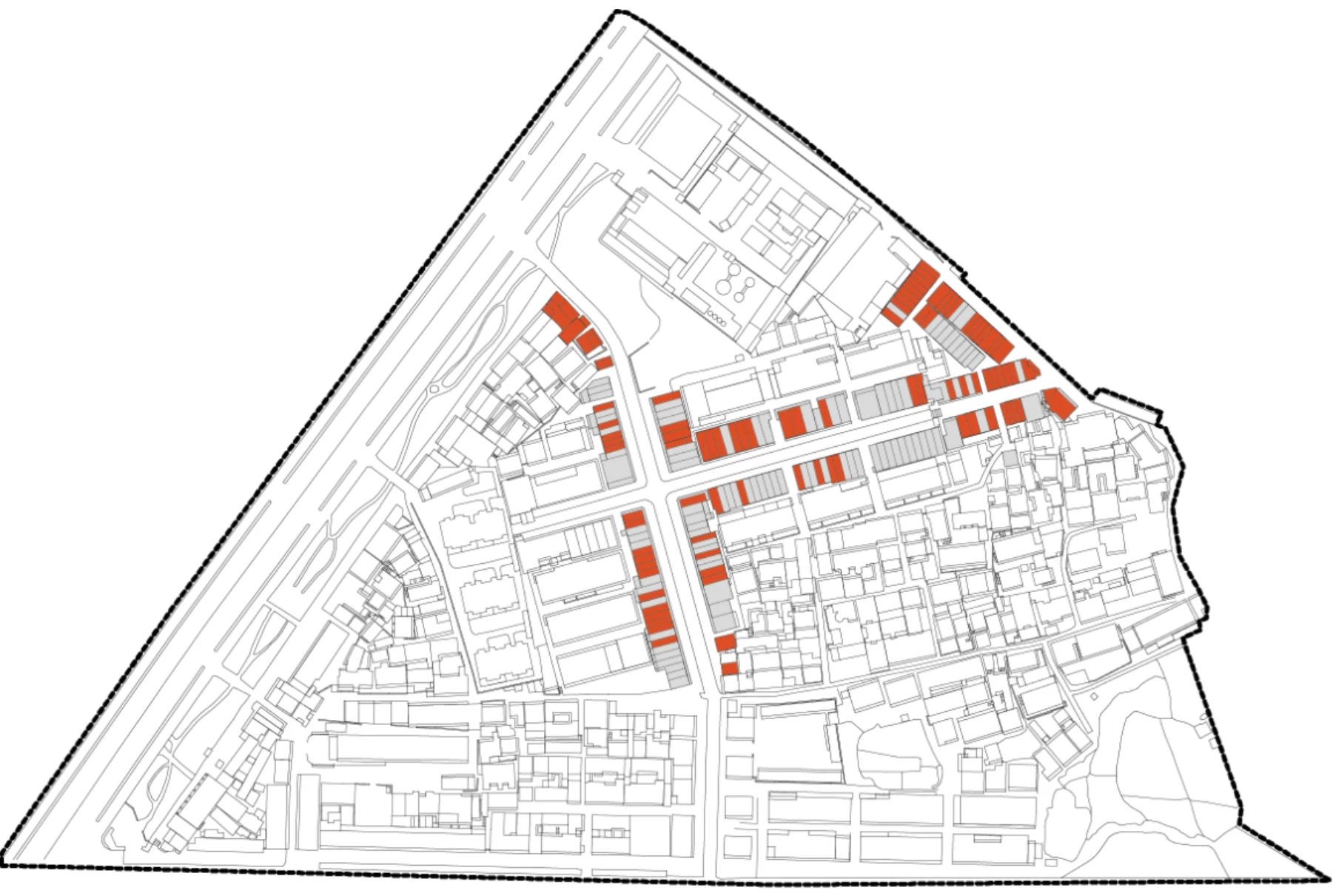Yaogongmiao site plan with catering uses marked in red-orange