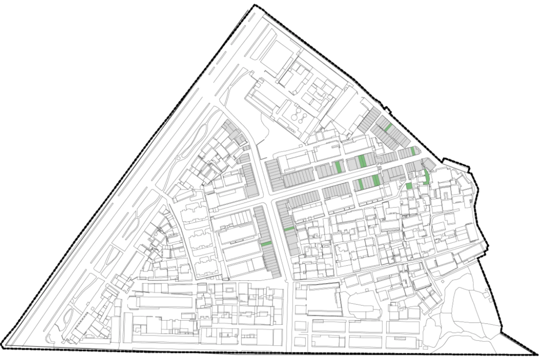 Yaogongmiao site plan with entertainment-related uses marked in green