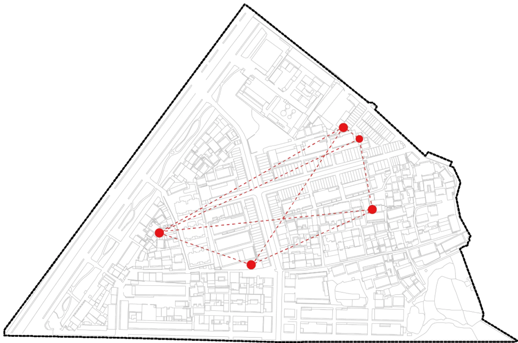 Yaogongmiao site plan with five spatial nodes and dashed red connections