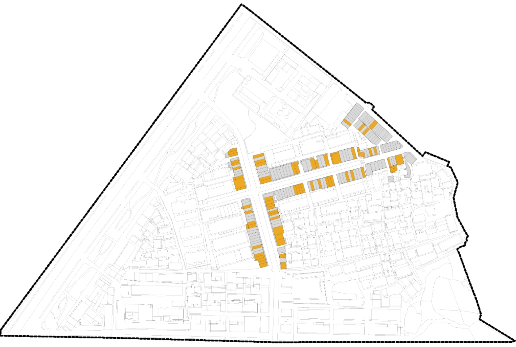 Yaogongmiao site plan with living uses marked in amber