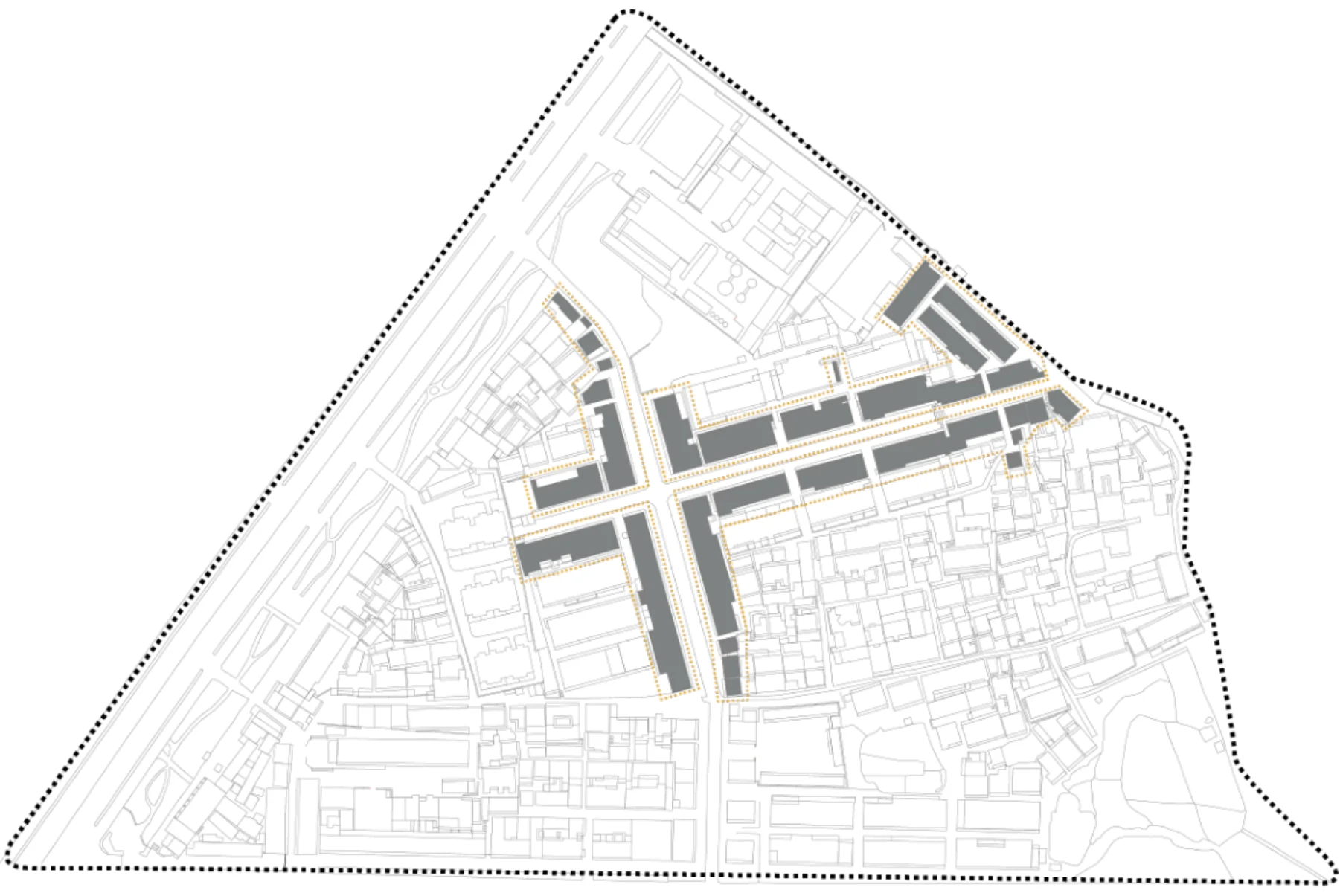 Plan of the triangular Yaogongmiao site with main-street frontage highlighted