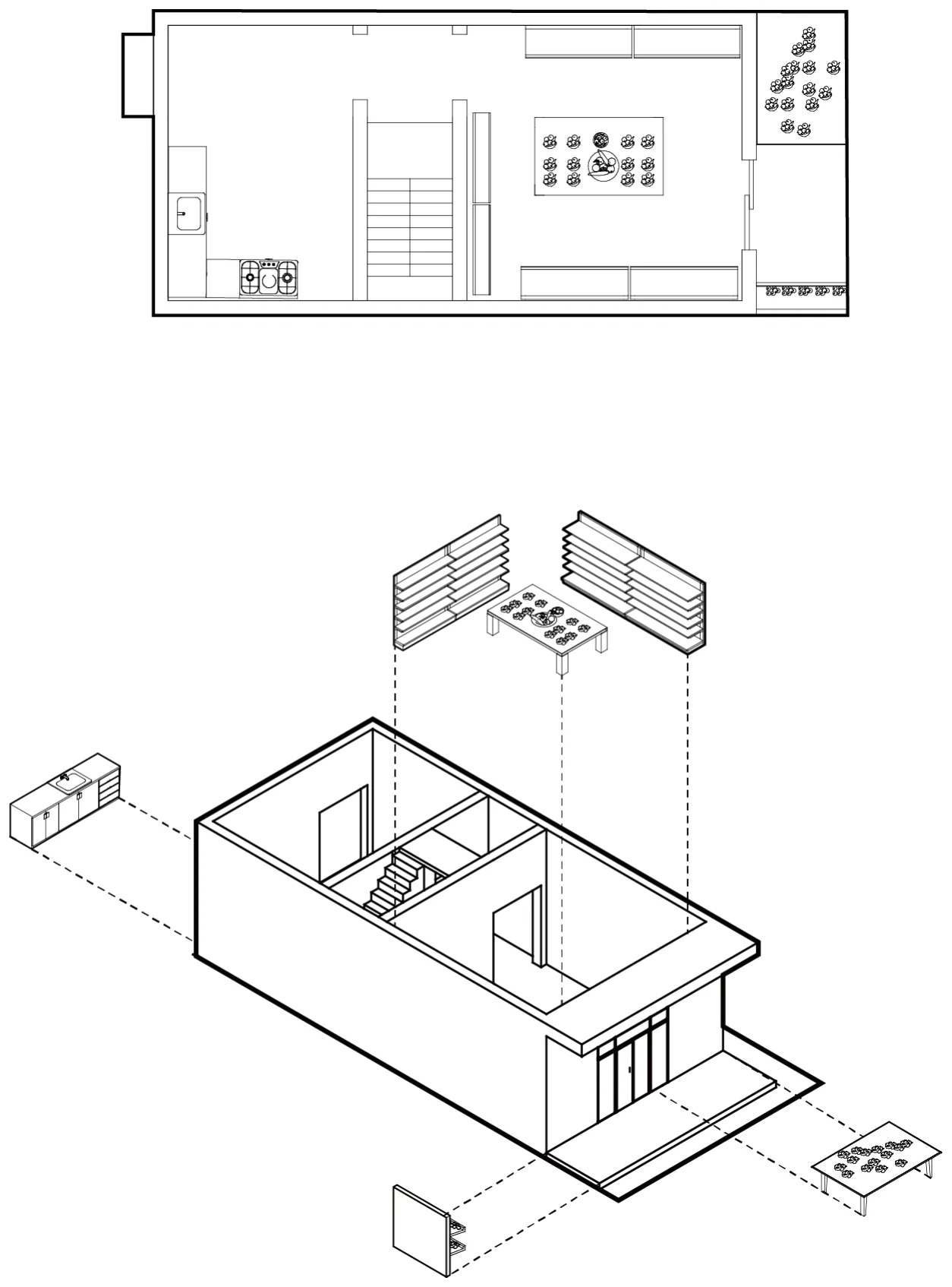 A plan and exploded axonometric of a fruit shop with sidewalk displays