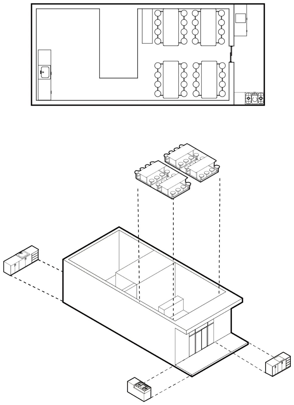 Plan and exploded axonometric of a dining shop with tables and street-facing preparation