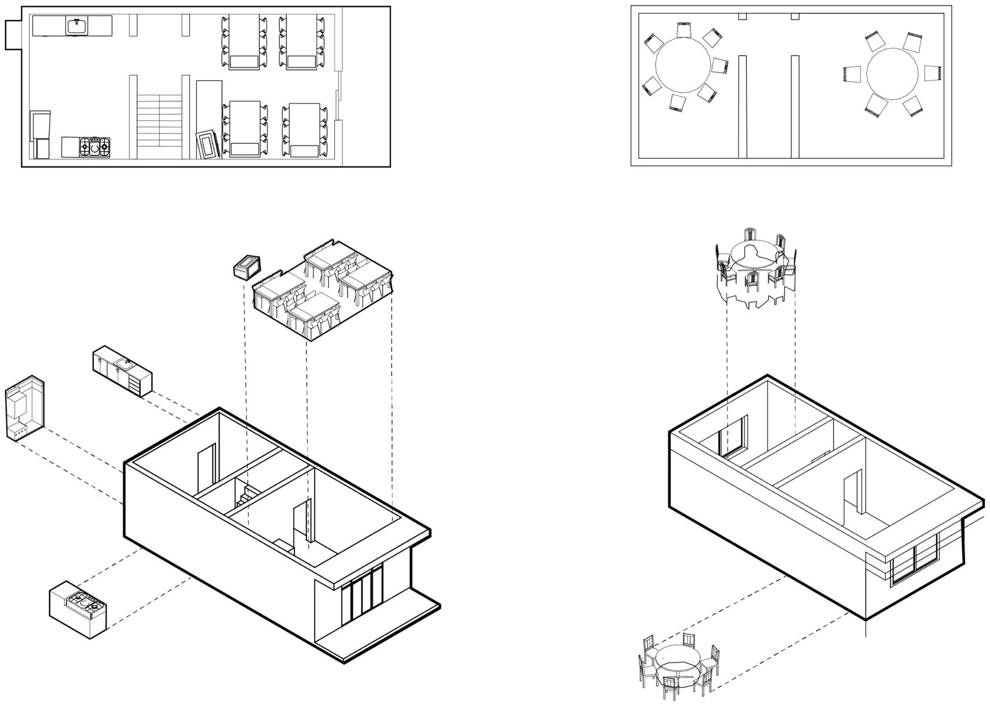Plans and exploded axonometrics separating ground-floor dining and preparation from upper-floor rooms