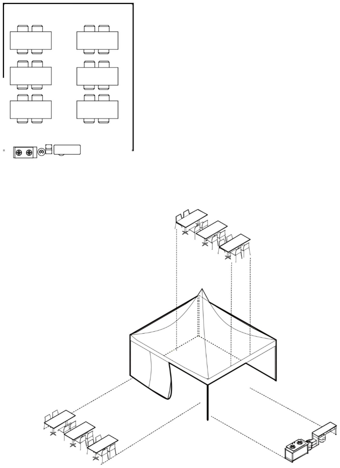 Plan and axonometric of indoor dining, a canopy-covered preparation area and outdoor seating
