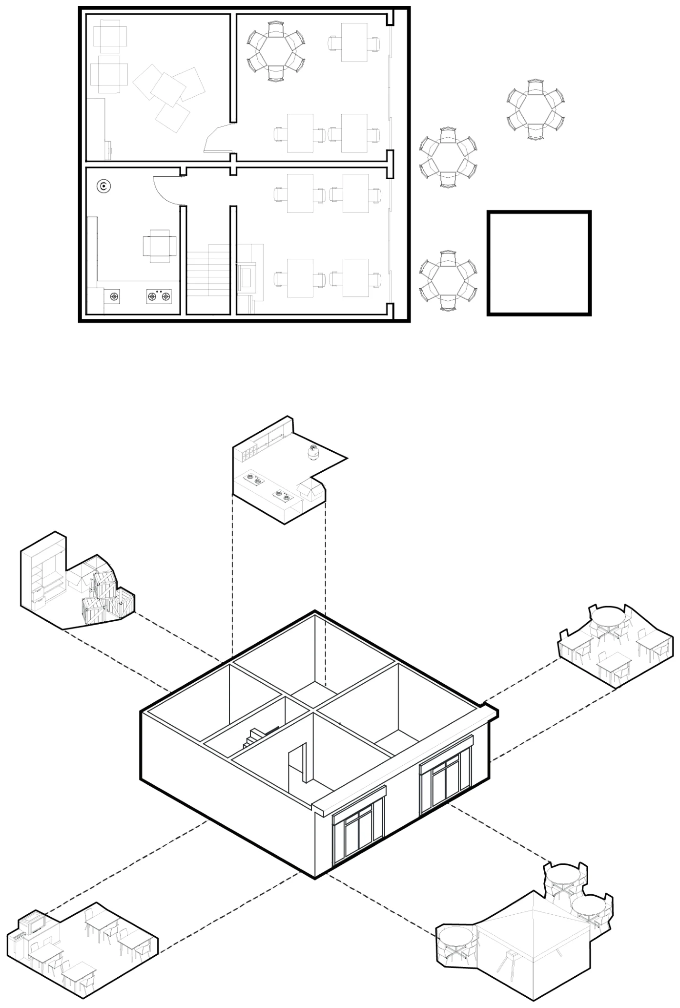 Plan and axonometric of a dining shop with rear storage and an outdoor grilling station