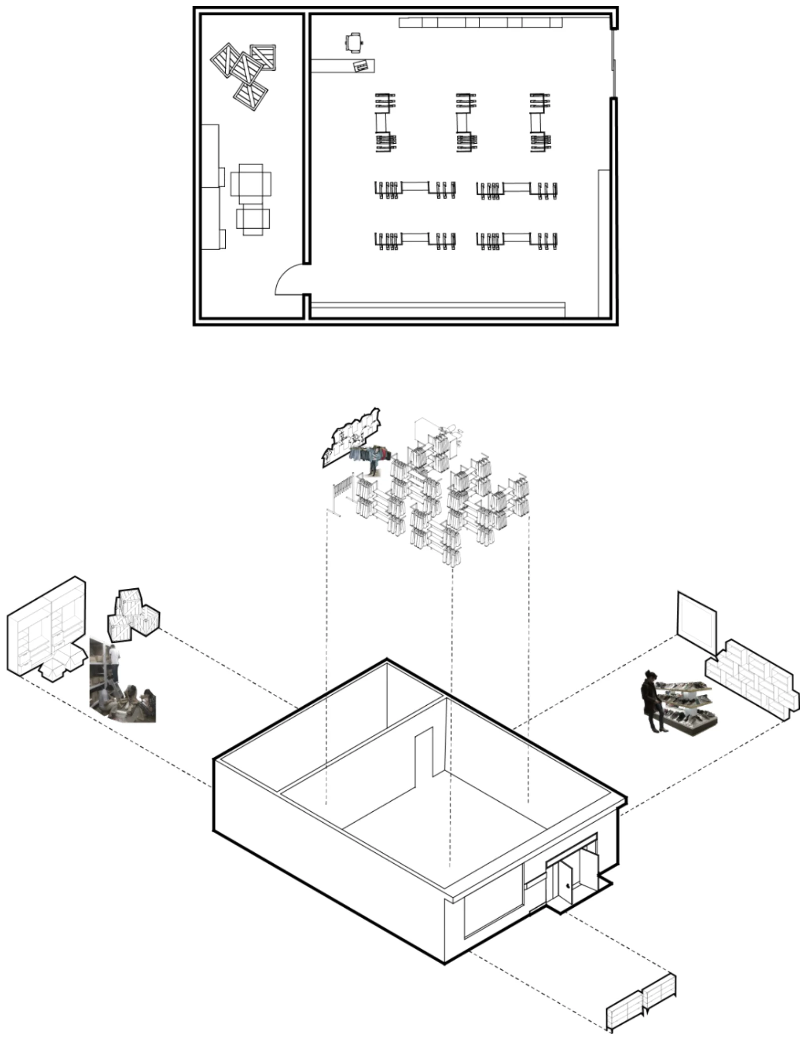 Plan and axonometric showing an interior clothing display zone and a rear stockroom