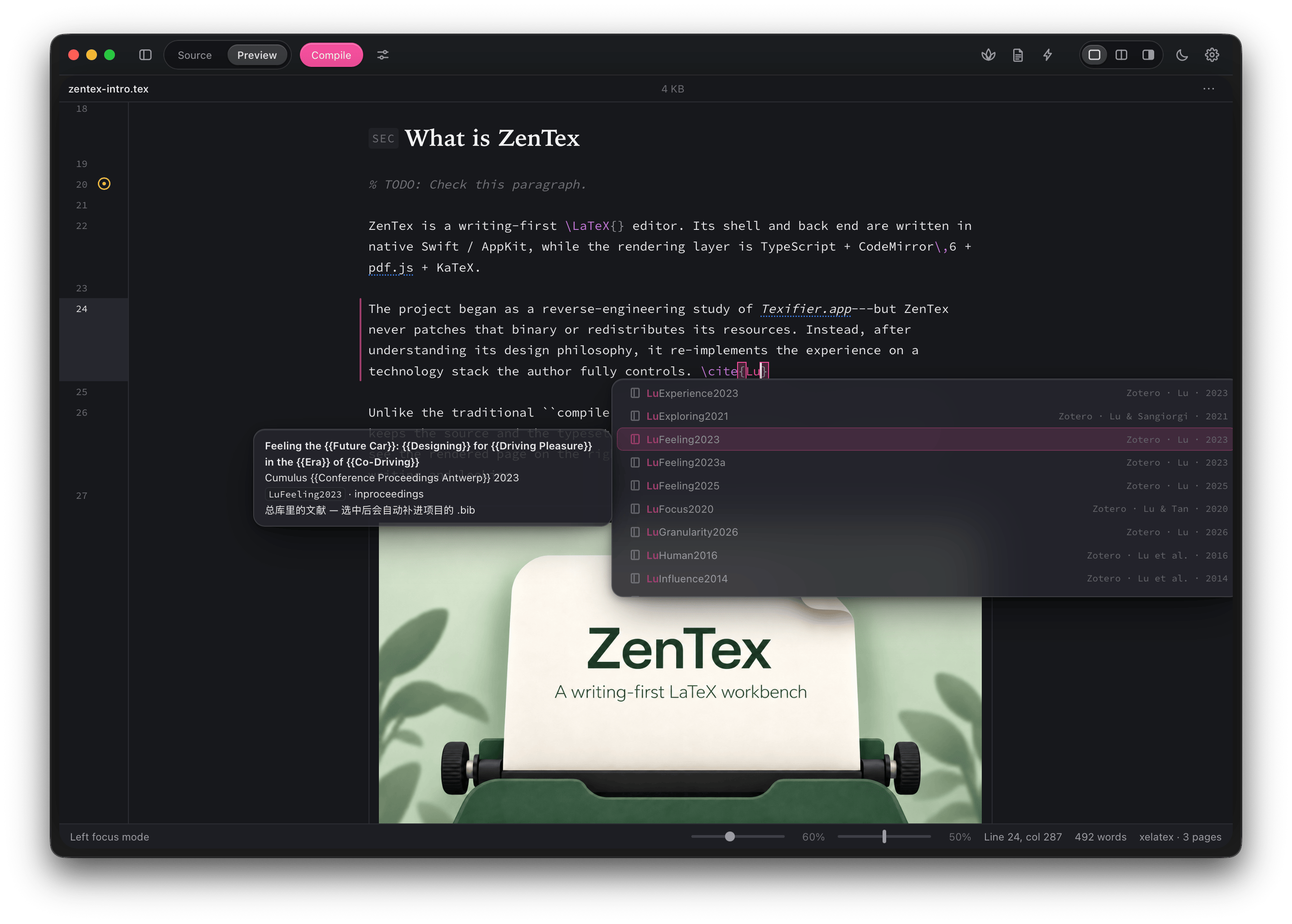 ZenTex citation popup showing references from the imported Zotero library and explaining that a selected entry is added to the project's bibliography