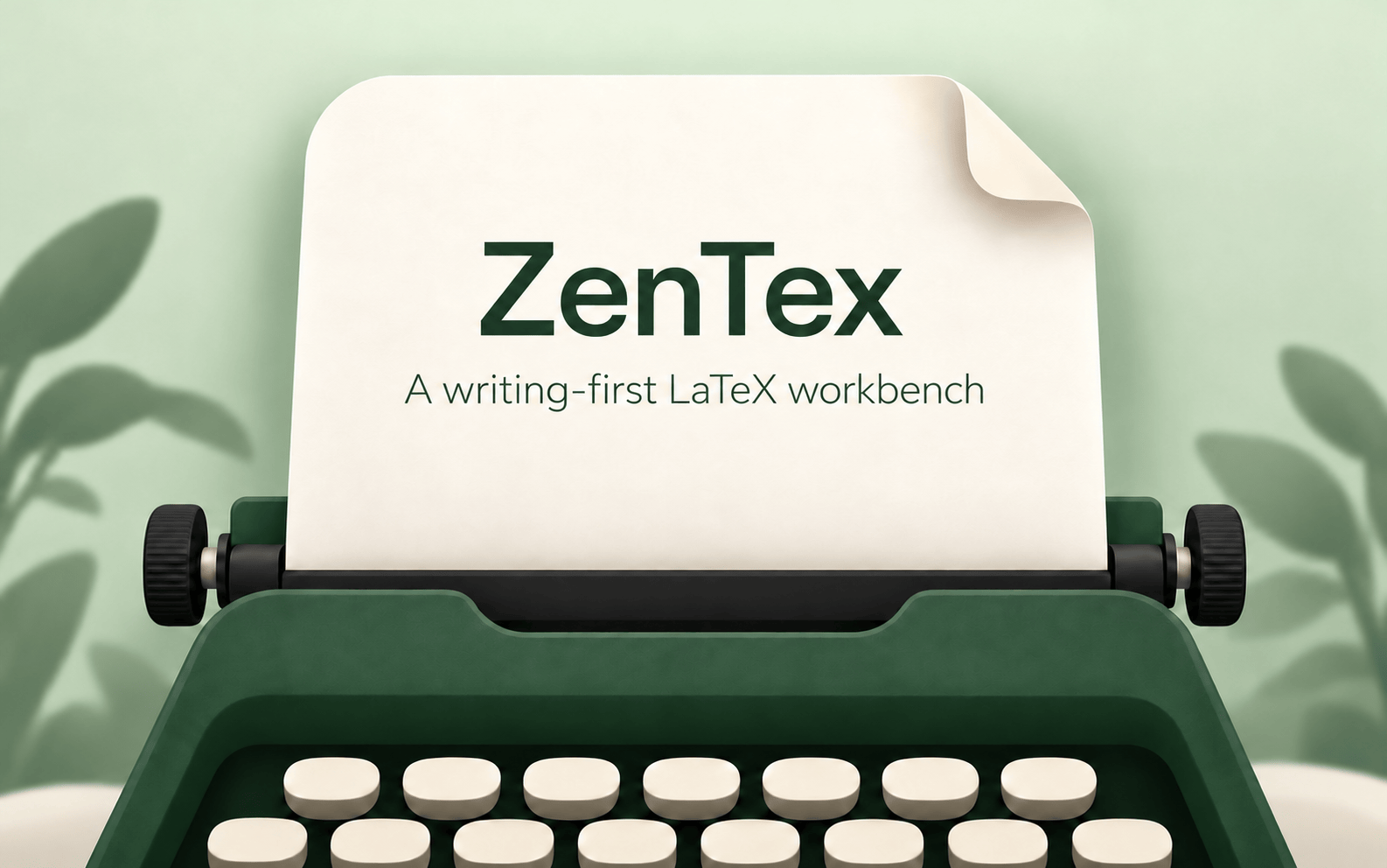 ZenTex identity image: a green typewriter holding a sheet titled A writing-first LaTeX workbench