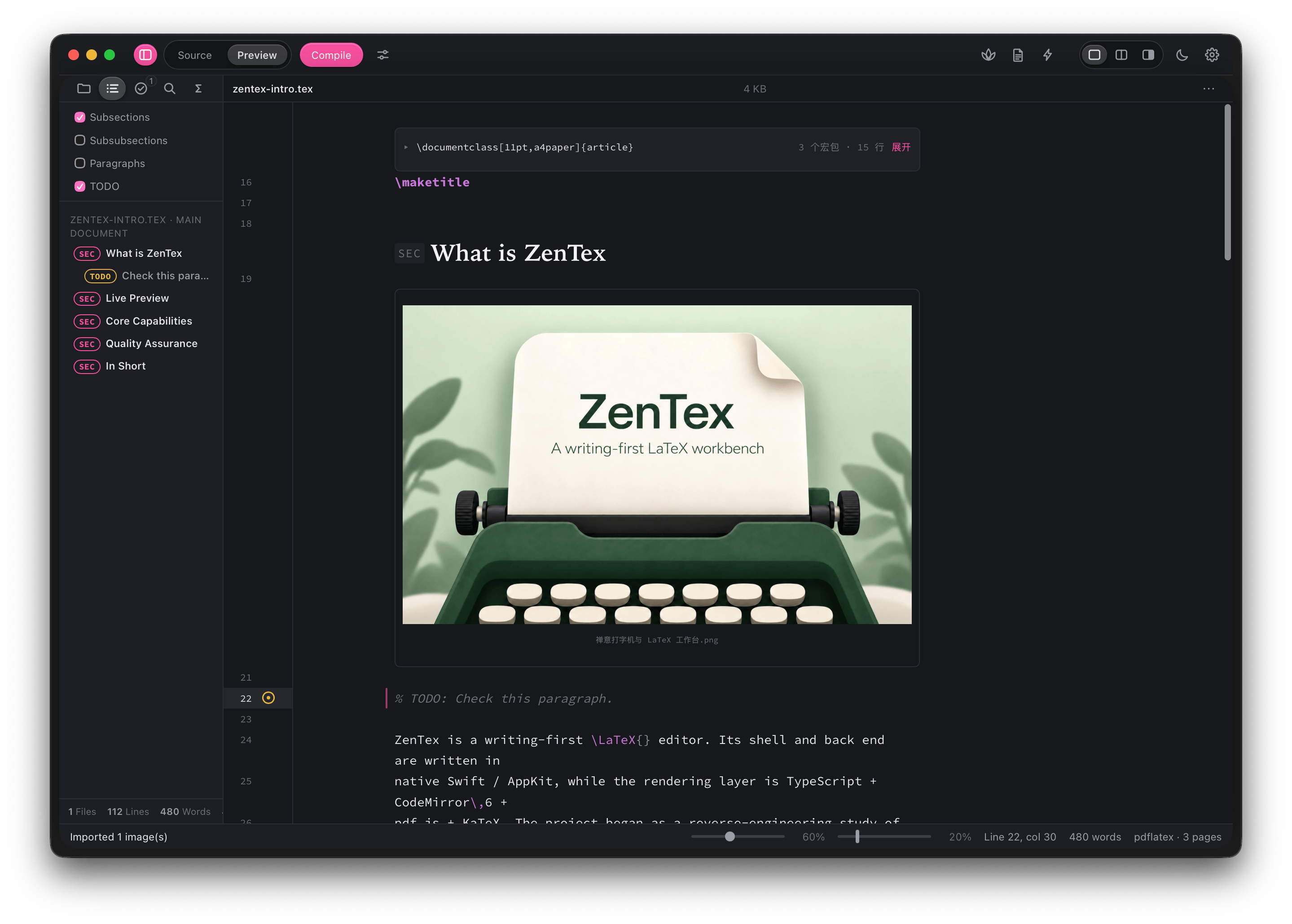 The same ZenTex introduction in preview mode, with a collapsed preamble, rendered heading, and an image displayed within the editor