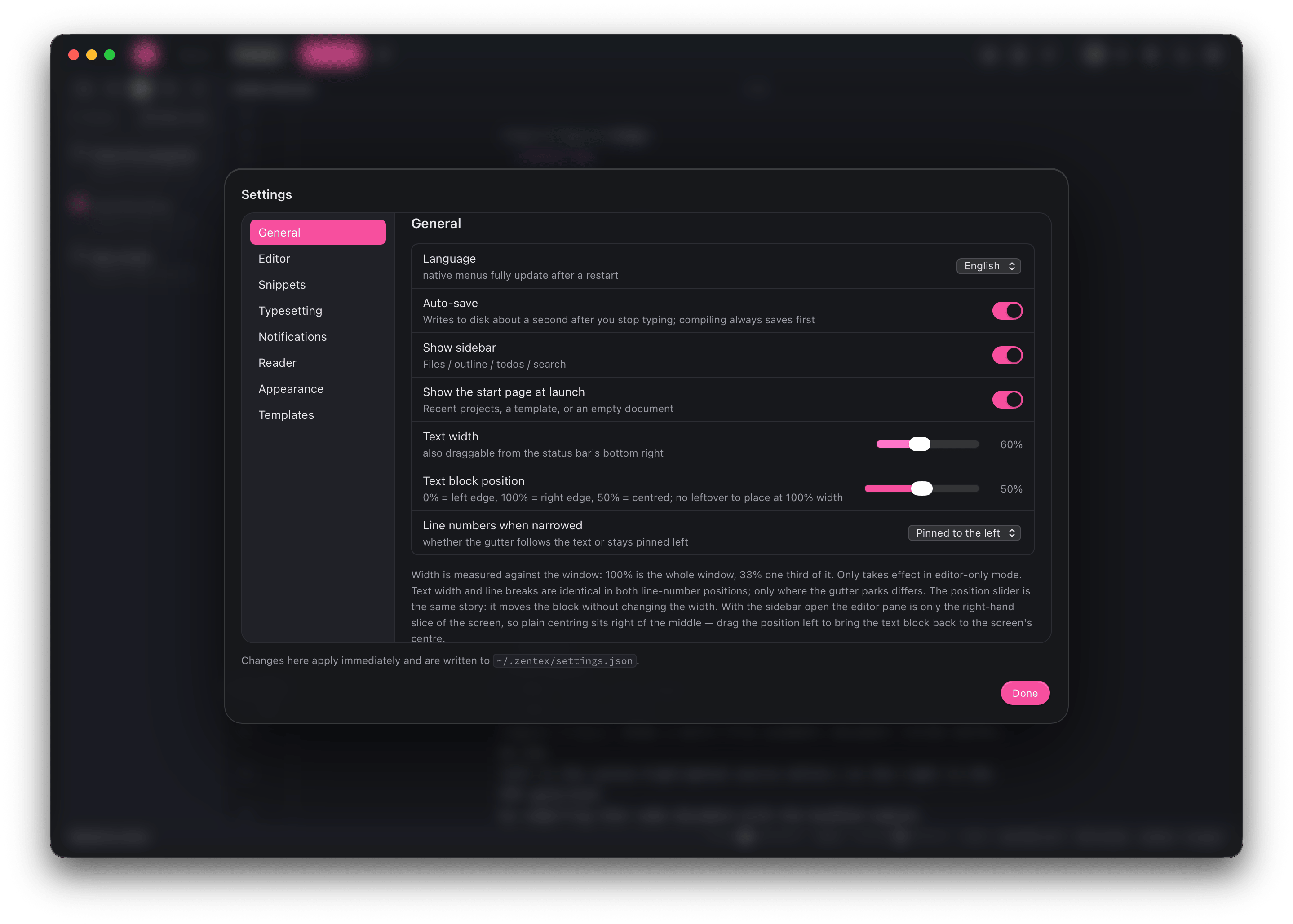 ZenTex settings with controls for autosave, sidebar visibility, text width, text-block position, and line-number placement
