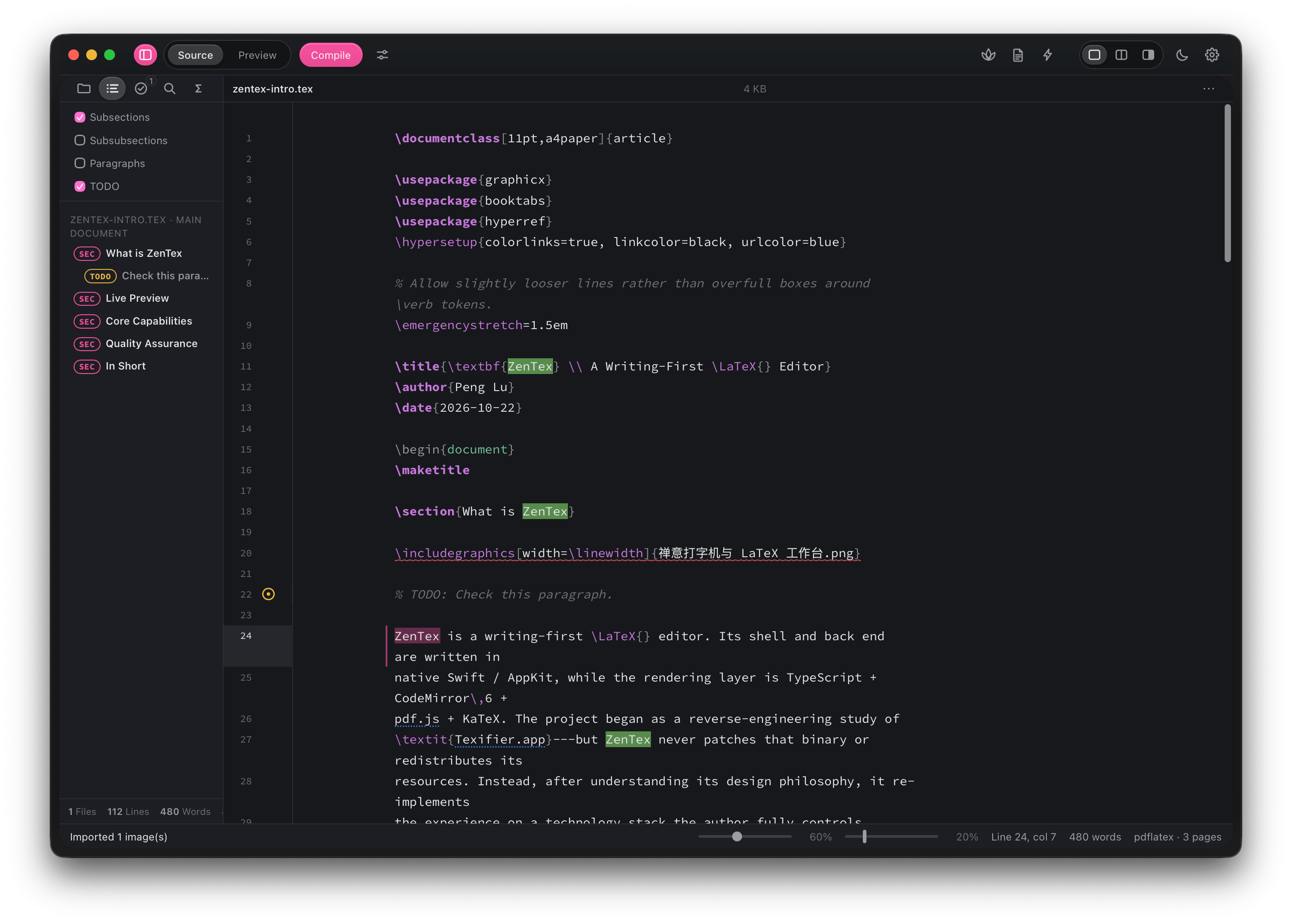ZenTex source mode showing the LaTeX preamble, title commands, and manuscript text in a narrow writing column