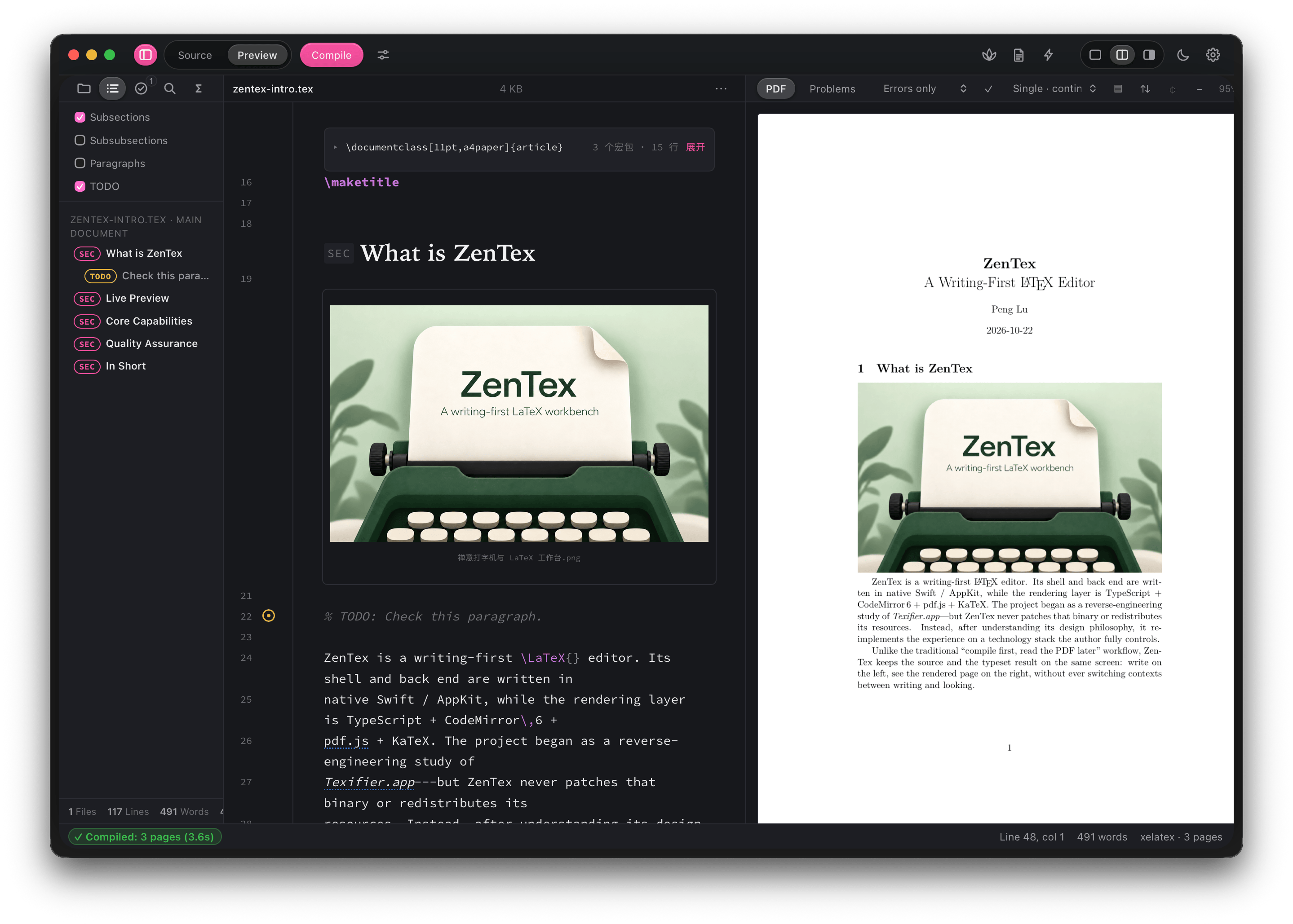 ZenTex split view with an editable preview on the left and the compiled PDF of the same introduction on the right
