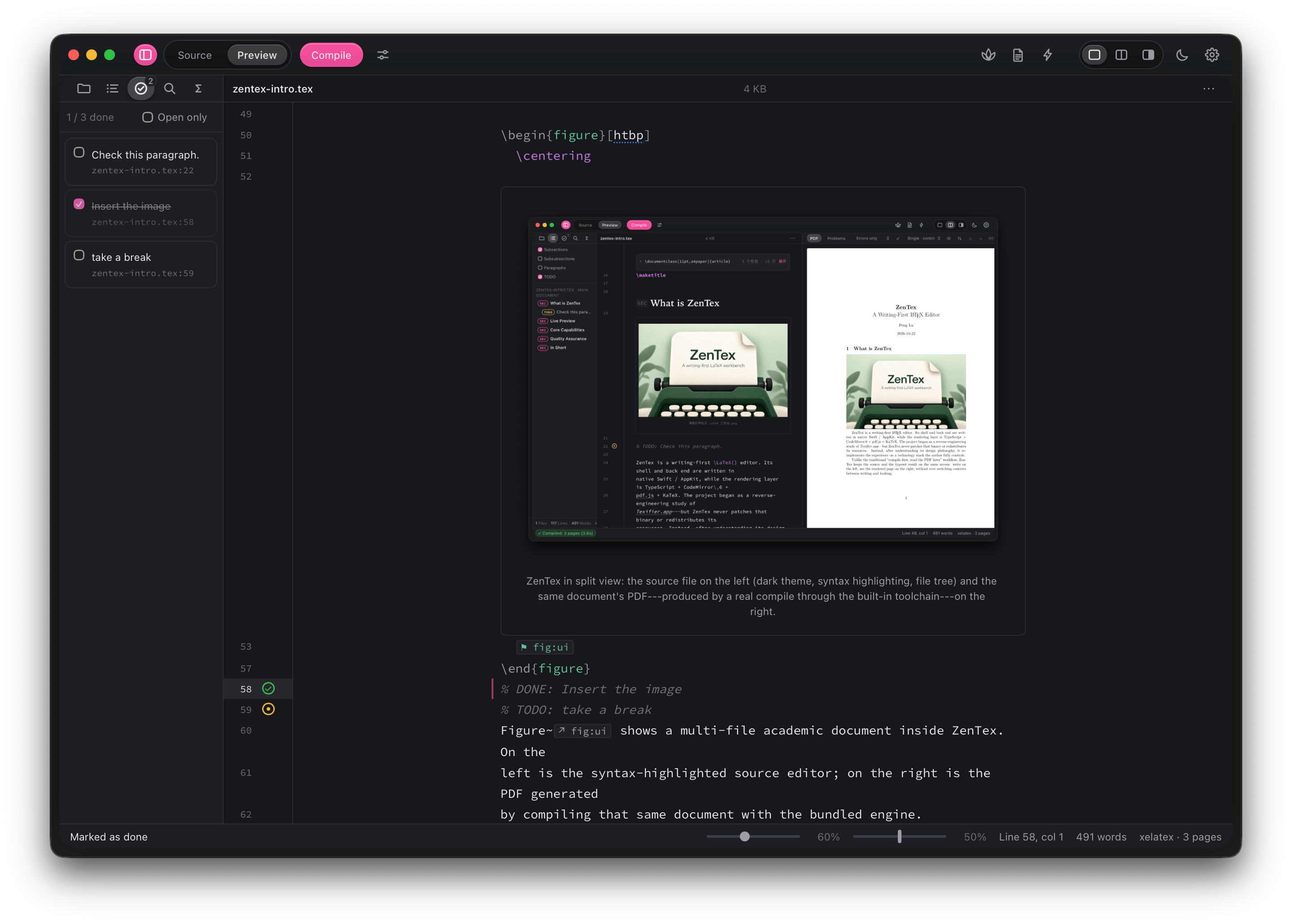 ZenTex TODO sidebar showing open and completed notes alongside corresponding TODO and DONE comments in the source