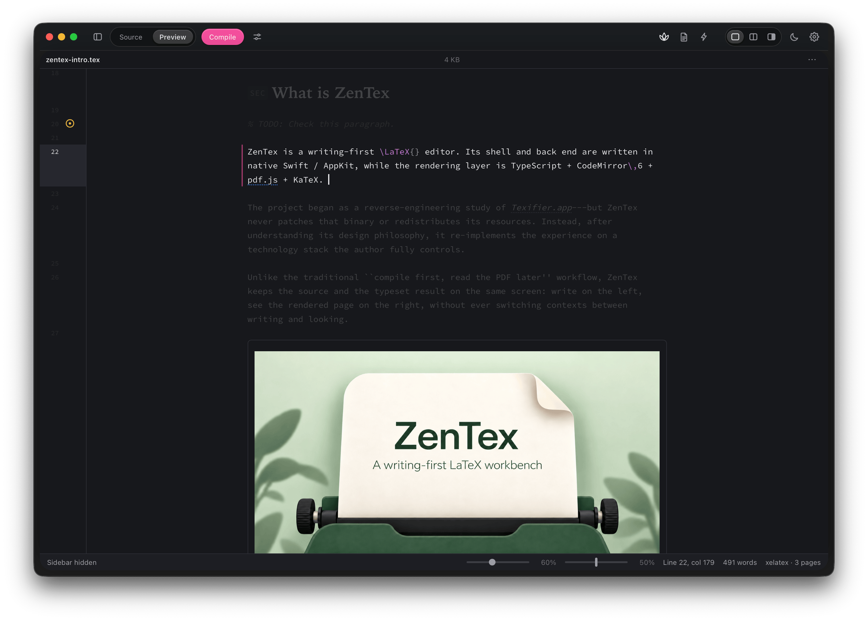 ZenTex Zen mode with the passage at the cursor highlighted, surrounding text dimmed, and the sidebar hidden